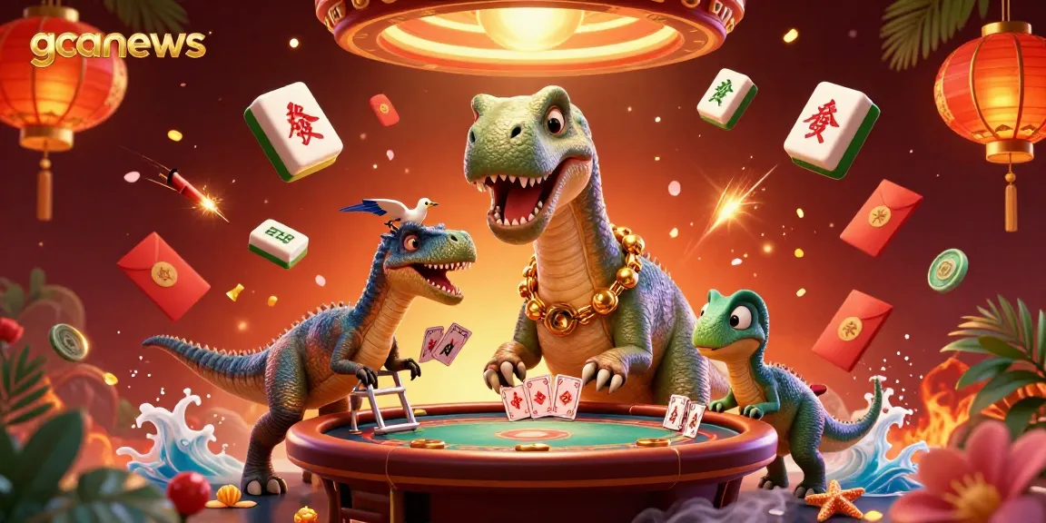 Engage in thrilling poker action with gcanews as animated dinosaurs deal cards in a vibrant casino.