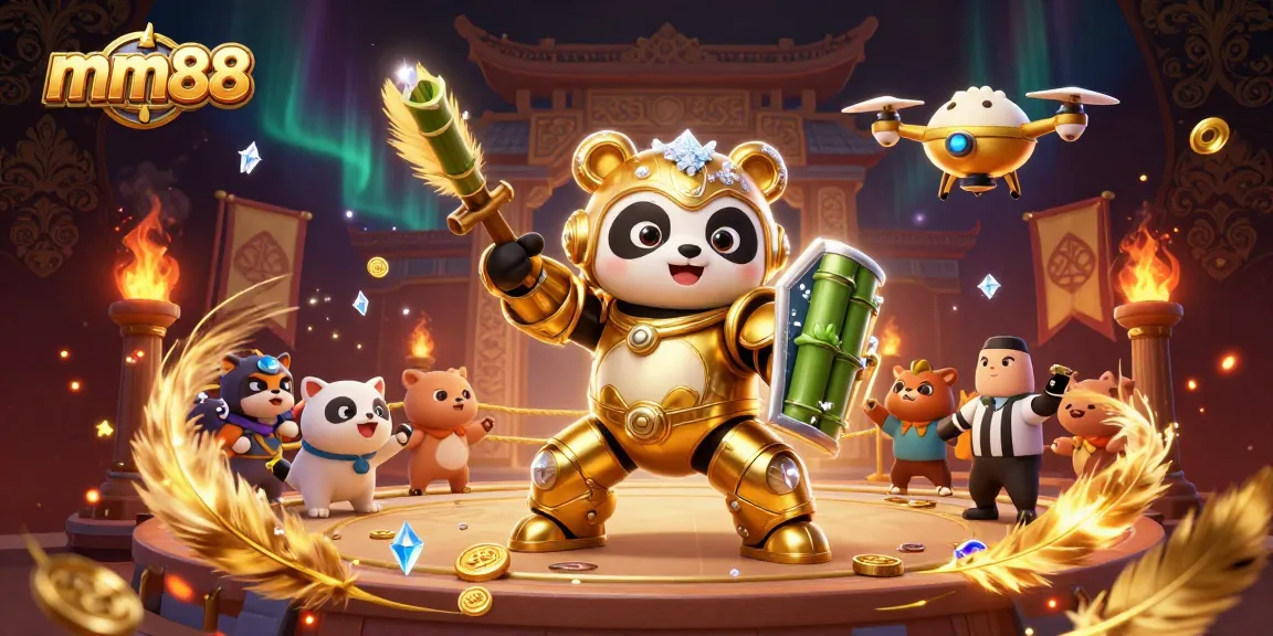 Experience mm88 casino thrills with a dynamic golden panda piloting an epic robot in a vibrant arena.
