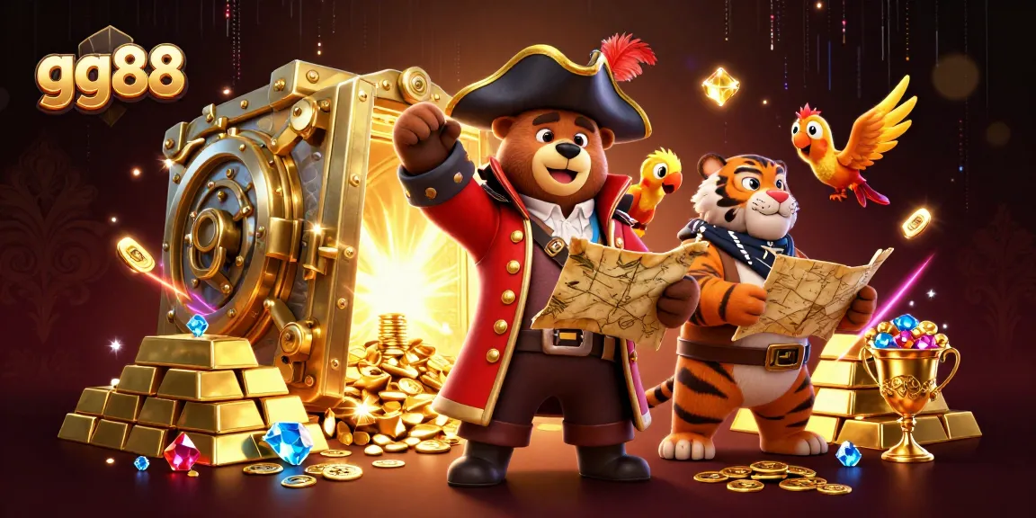 Win big with gg88 in a vibrant, thrilling casino scene featuring cartoon characters and luxury treasures.