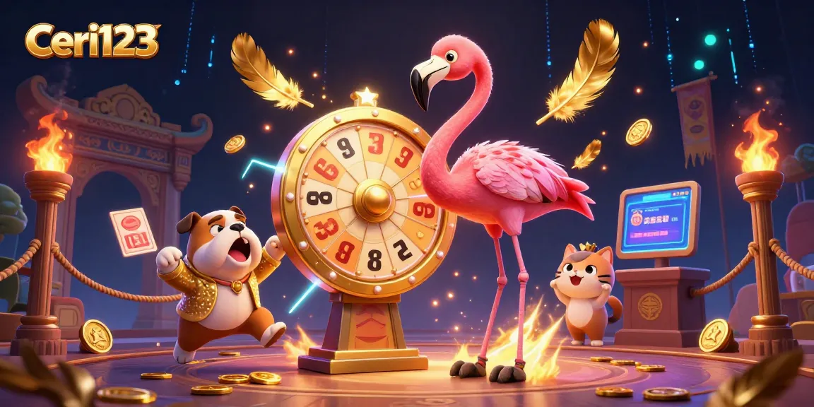 Ceri123 offers exciting gaming experiences with a flamingo host, bulldog contestant, and cat assistant in a vibrant scene.