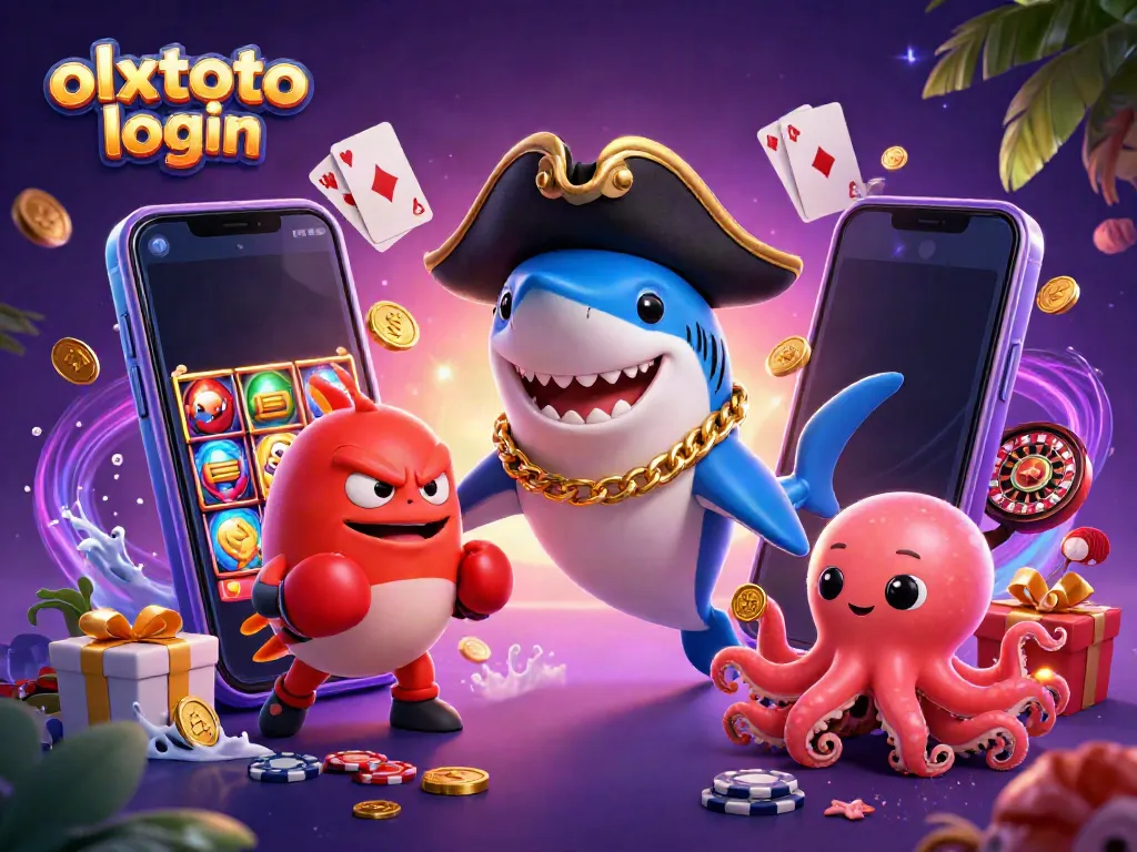 Activate OLXTOTO login with a vibrant, engaging illustration of a pirate shark, pufferfish, and octopus interacting with casino elements.