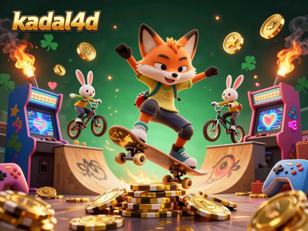 Kadal4d's vibrant 3D illustration showcases a cartoon fox and rabbit exploring dynamic casino gaming elements.