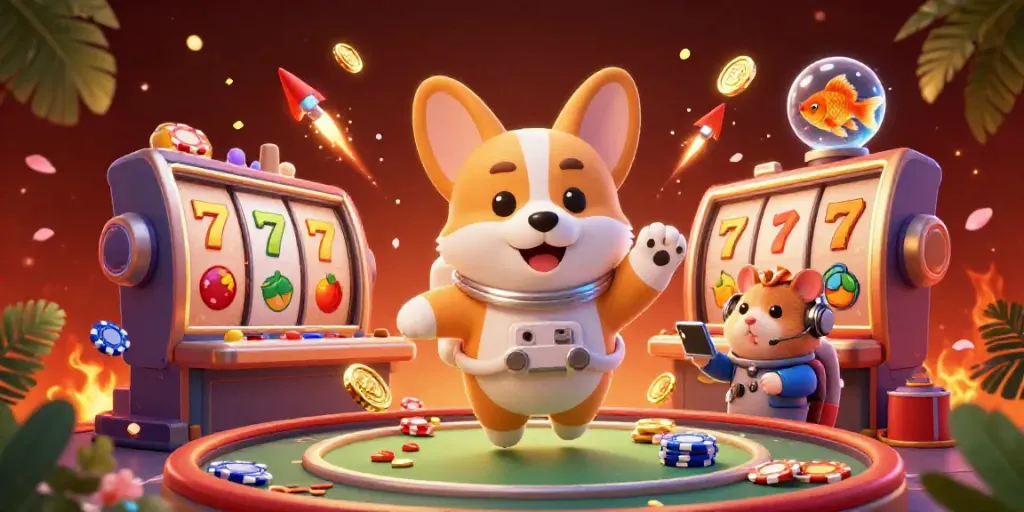 Permainan bandar slot yang seru ditampilkan dengan karakter lucu dan elemen kasino yang menarik.