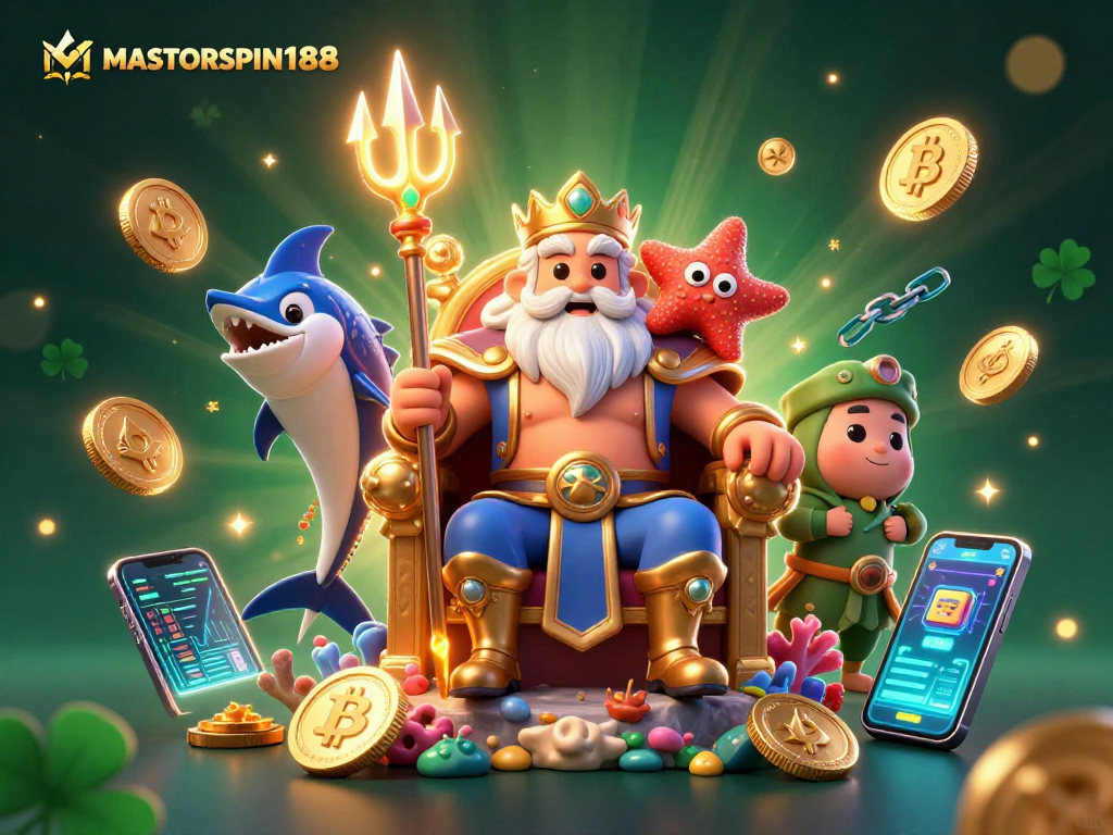 Engage with MASTERSPIN188's 3D casino world showcasing Neptune, coins, and vibrant gaming elements.