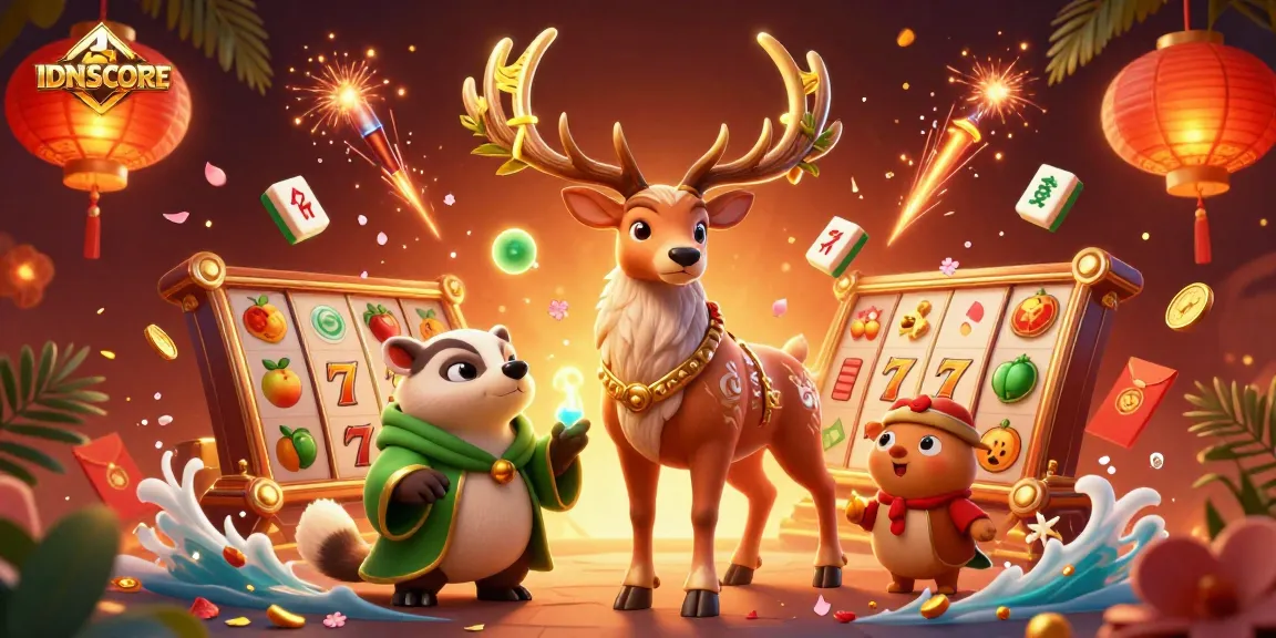 IDNSCORE features an engaging gaming scene with vibrant slot reels and characters in action.