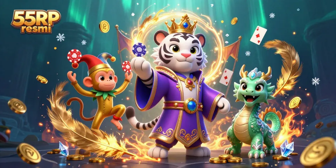 Play poker with 55RP resmi featuring a majestic tiger, playful monkey, and jade dragon in a vibrant casino setting.