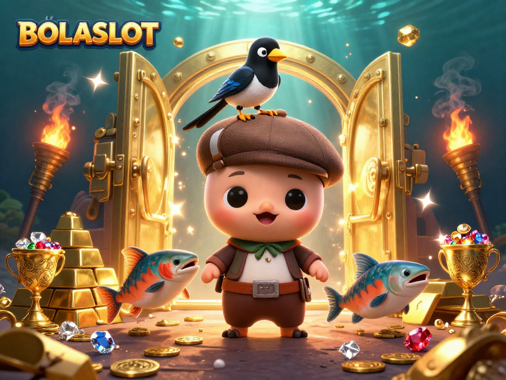 Spin and win at BOLASLOT with baby Nessie, a magpie, and salmon in a treasure-filled underwater scene.