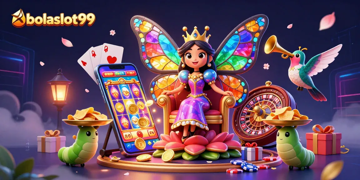 Experience the excitement of bolaslot99 with a vibrant slot game scene featuring a butterfly queen and casino elements.