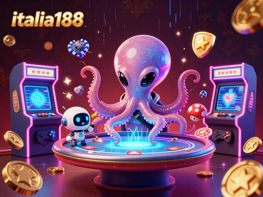 Gambar dinamis italia188 menampilkan karakter gurita alien dan robot kecil dalam suasana kasino digital yang mewah.