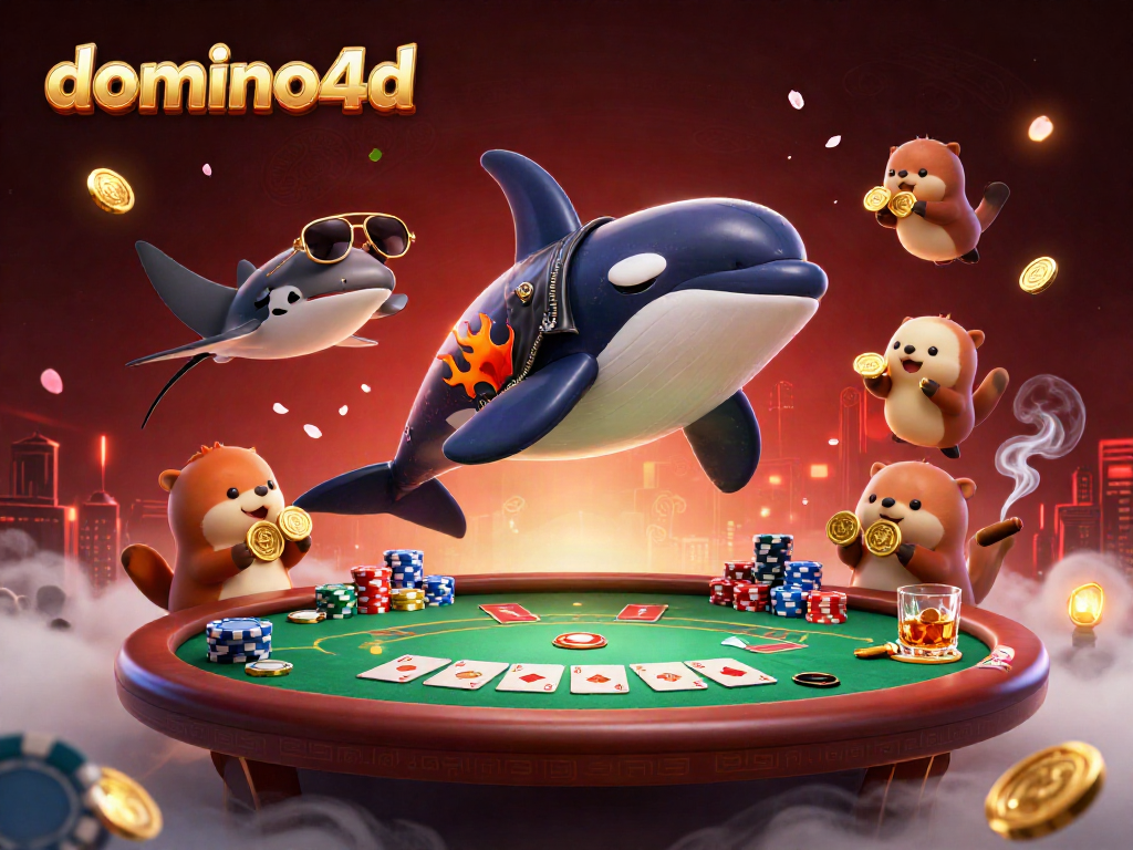 Orca, stingray, dan otter berinteraksi di kasino domino4d dengan tumpukan chip dan kartu.