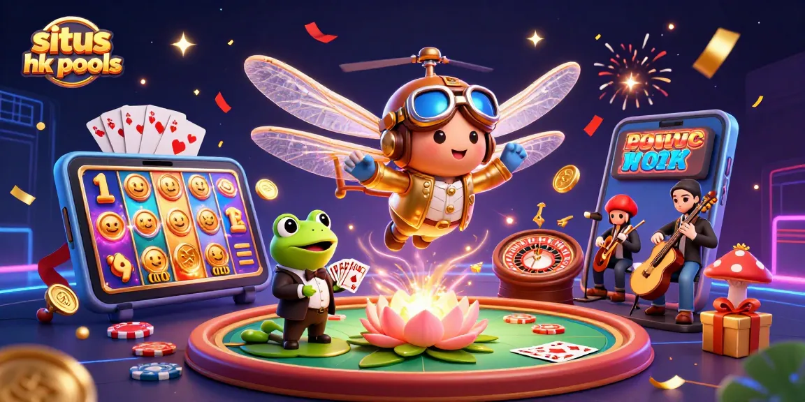 Situs hk pools menampilkan ilustrasi kasino dengan karakter lucu dan permainan menarik yang menghibur.