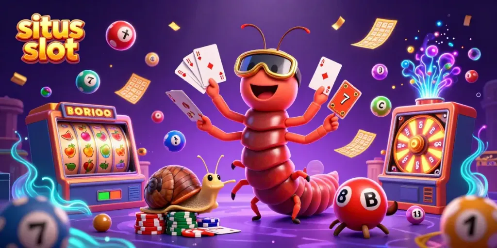 Engage with dynamic slot play at situs slot featuring cartoon millipede dealer, vibrant game elements.