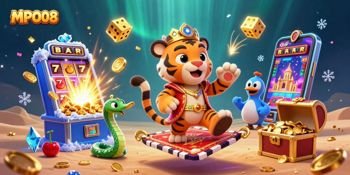 MPO08 players enjoy a vibrant slot machine experience with a tiger sultan character and colorful casino elements.