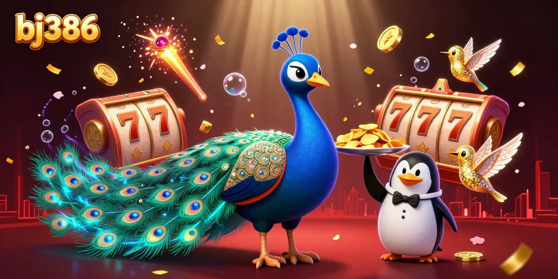 Spin the reels at bj386 and experience vibrant gaming with a peacock and golden chips.