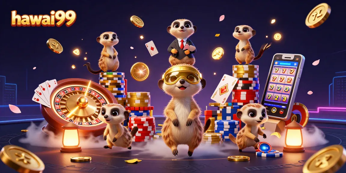Experience thrilling gameplay with hawai99 in an ultra-detailed casino scene featuring meerkat characters and vibrant game elements.