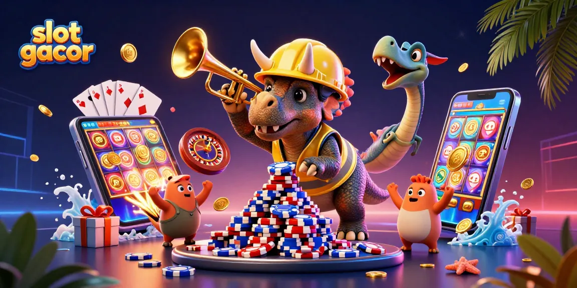 Menghadirkan slot gacor yang meriah dengan karakter kartun membangun tumpukan chip poker dalam suasana kasino yang dinamis.