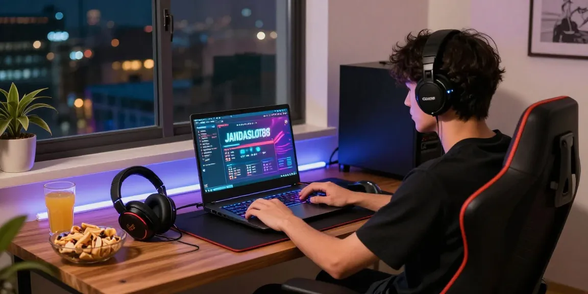 Pengguna bermain di https://jandaslot88.com/ dengan peralatan gaming dalam suasana nyaman.