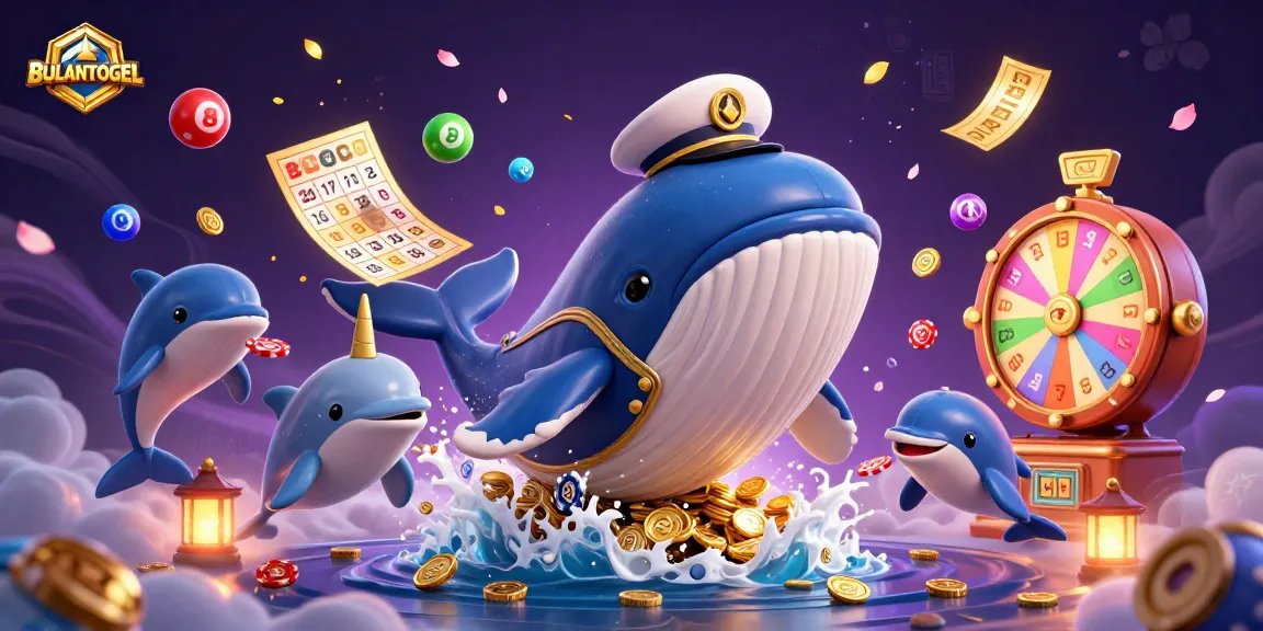 BULANTOGEL delights players with a vivid scene of a whale, narwhal, and dolphins amidst lottery fun.