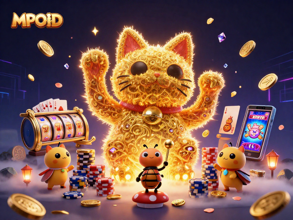 MPOID showcases a dynamic scene of a lucky cat made of golden fireflies, highlighting captivating casino elements.