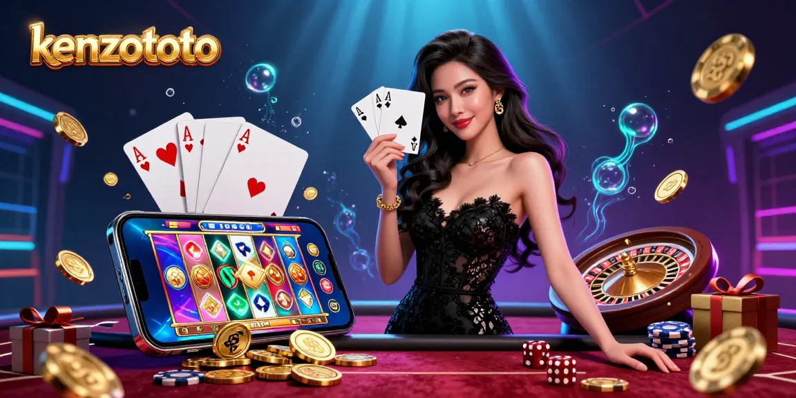 Kenzototo showcases an elegant Asian woman mystically holding playing cards, surrounded by vibrant casino elements.