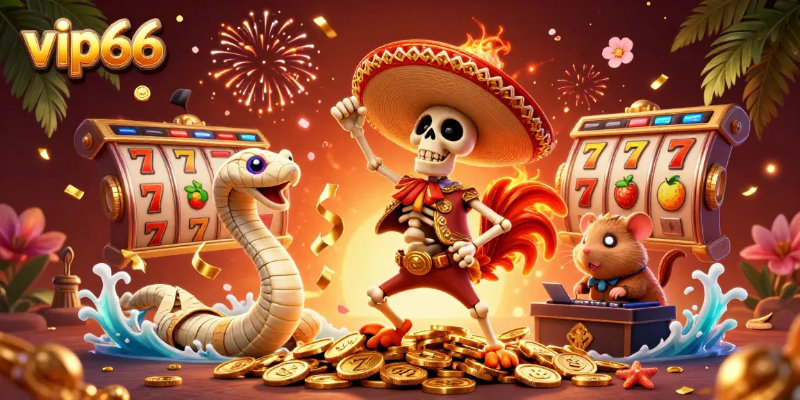 Experience exhilarating wins with vip66 in this vibrant 3D casino scene featuring slots and characters.
