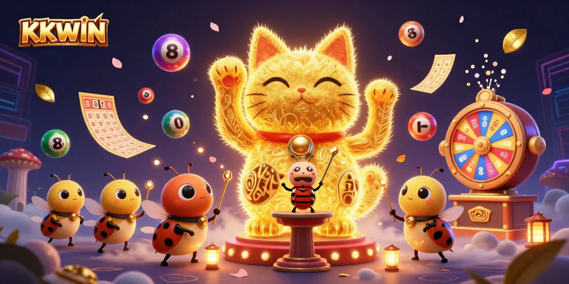Engage your luck with KKWIN's vibrant casino experience featuring a lucky cat shaped by fireflies.