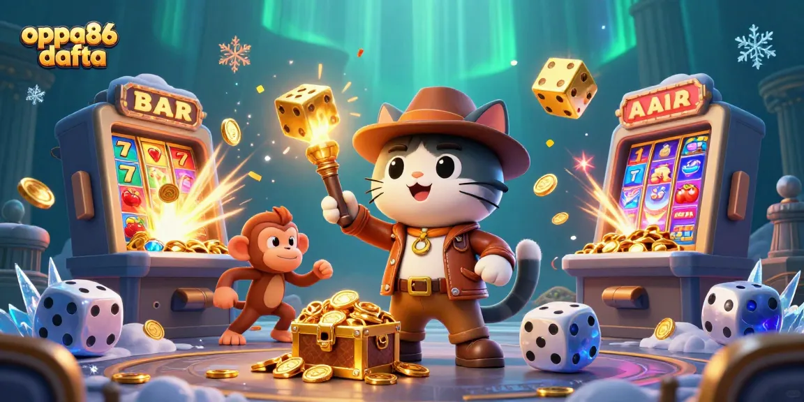 Engage with oppa86 dafta in a vibrant casino scene with an explorer cat, monkey companion, and dynamic slot machine elements.