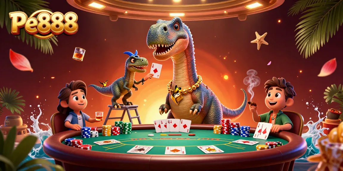 Experience high-stakes poker action at Pe888 with vibrant characters, cards, and chips.