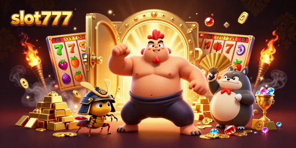 Spin the slot777 reels and unveil treasures in this vibrant casino scene with unique characters.