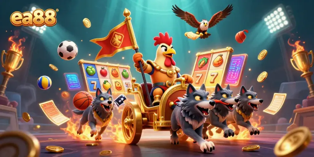 Join the adventure at ea88 with a dynamic illustration of a rooster warlord in a thrilling casino scene.