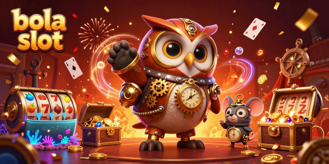 Bola slot gaming scene with a time-traveling owl, slot reels, and underwater treasures.