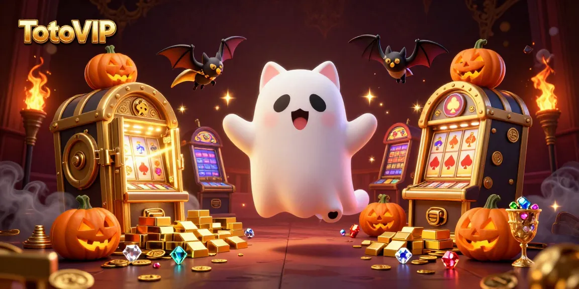 TotoVIP engages players with a vibrant 3D illustration of a ghost cat and vampire bat in a haunted casino.