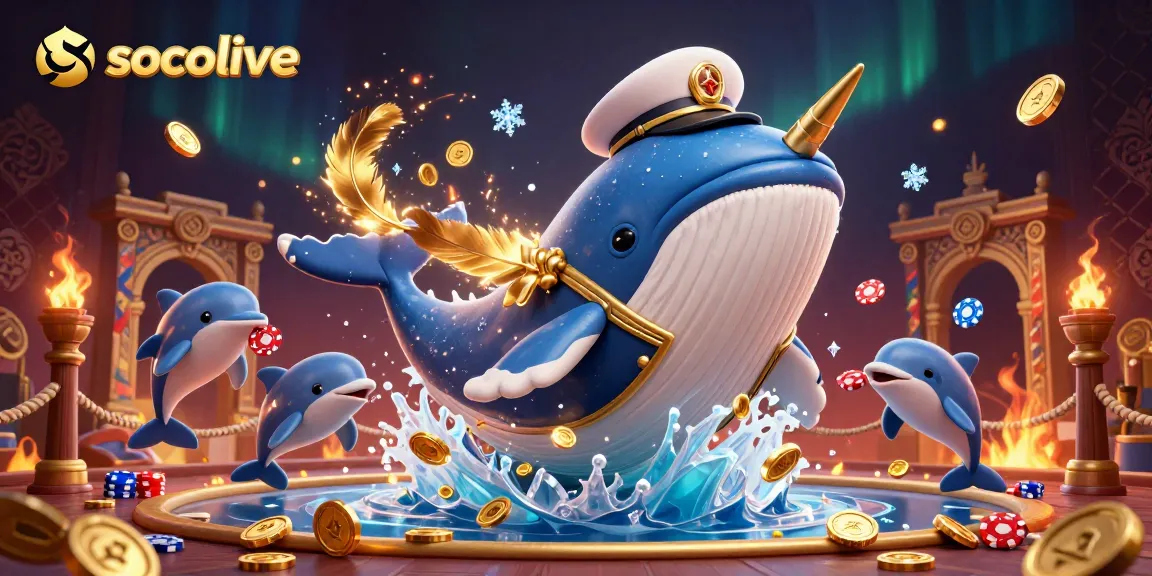 Socolive offers dynamic online betting experiences with 3D whales and dolphins amidst casino elements.