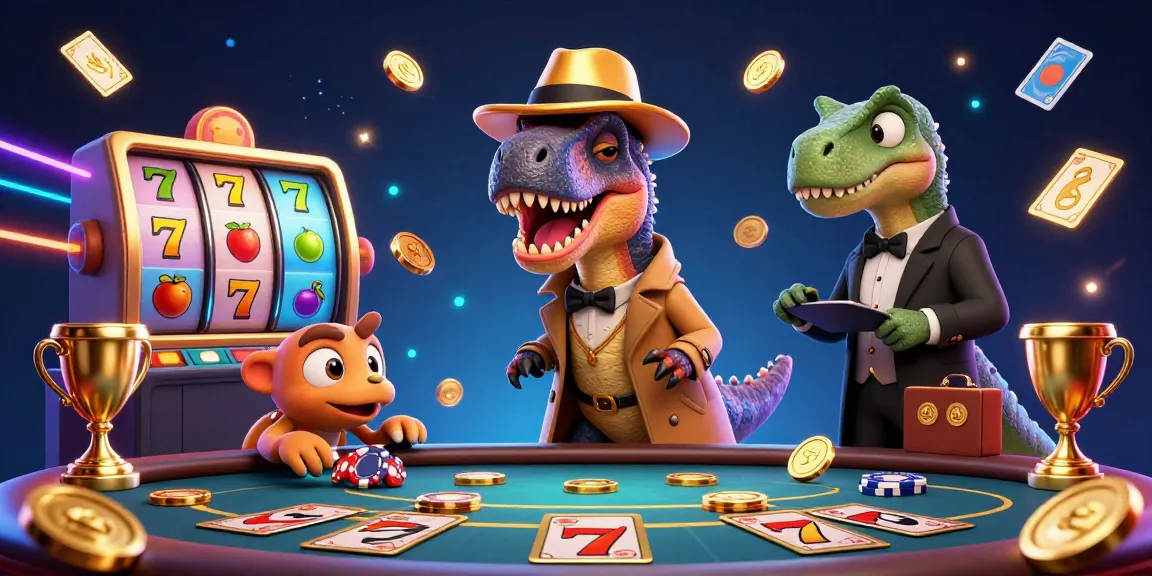 Experience the excitement of DN88 with a vibrant 3D casino scene showcasing a velociraptor and stegosaurus in action.