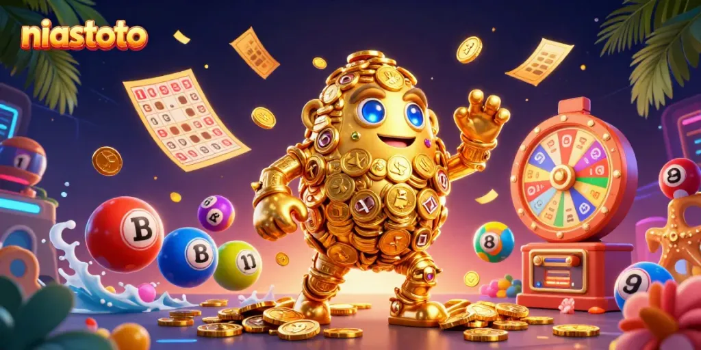 Golem emas berputar yang memancarkan simbol mesin slot, menciptakan pengalaman menang niastoto dalam permainan lotere.