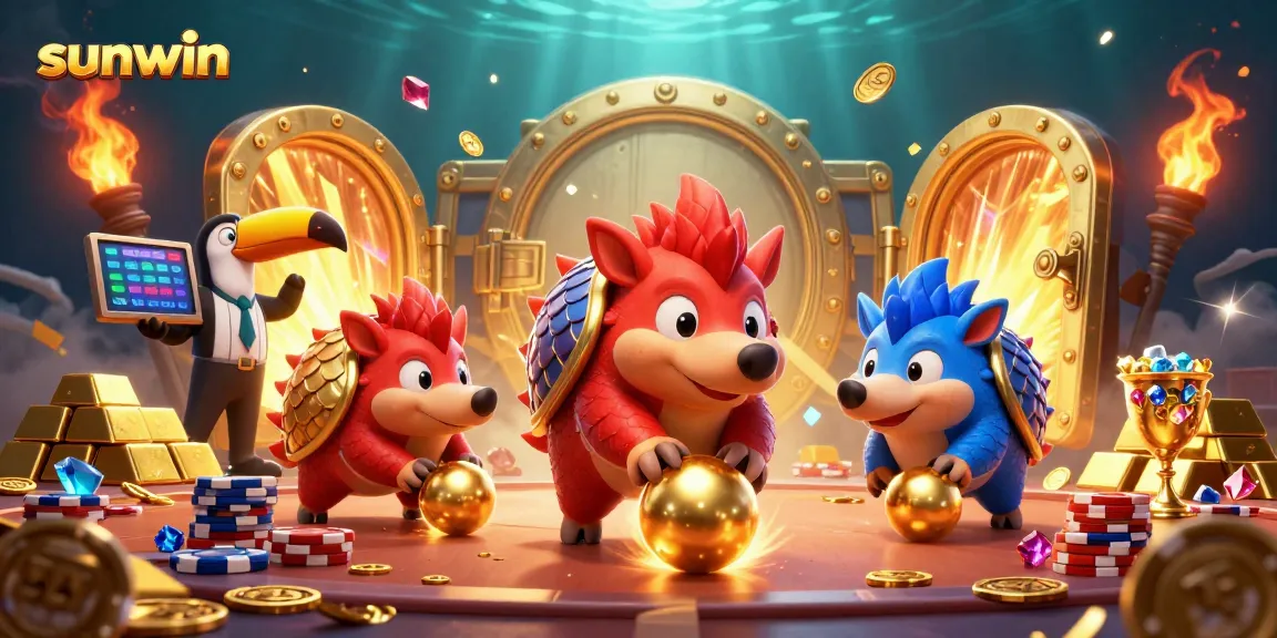 Experience big wins at sunwin with colorful pangolins and jackpot treasures in this vibrant casino scene.
