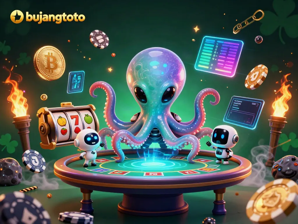 Engage in vibrant gaming fun with bujangtoto, featuring alien characters and floating poker elements.