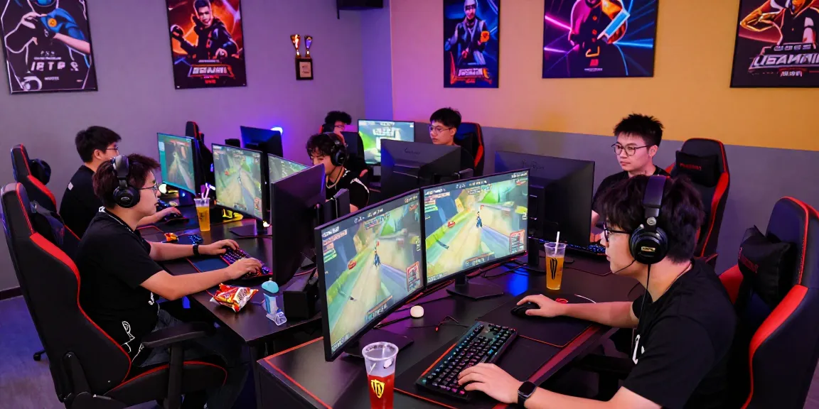 Engaged gamers enjoying intense gameplay on USAHA188 platform in a colorful gaming lounge.