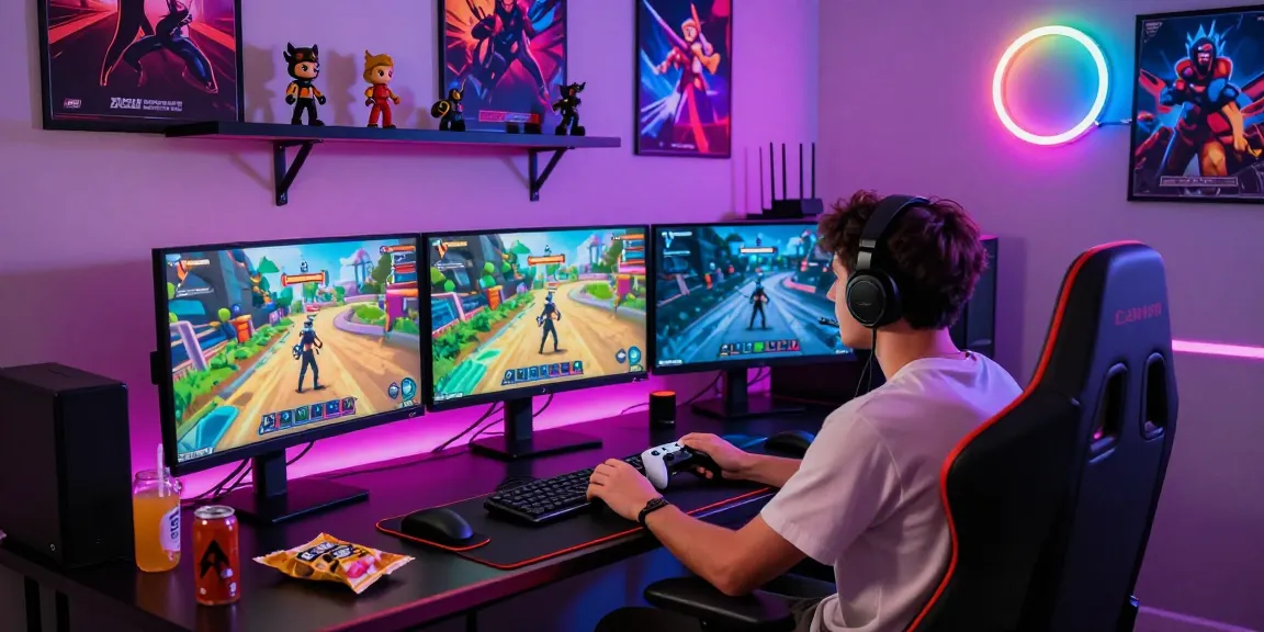 Engaged gamer playing Tunas4D in a vibrant digital gaming room.