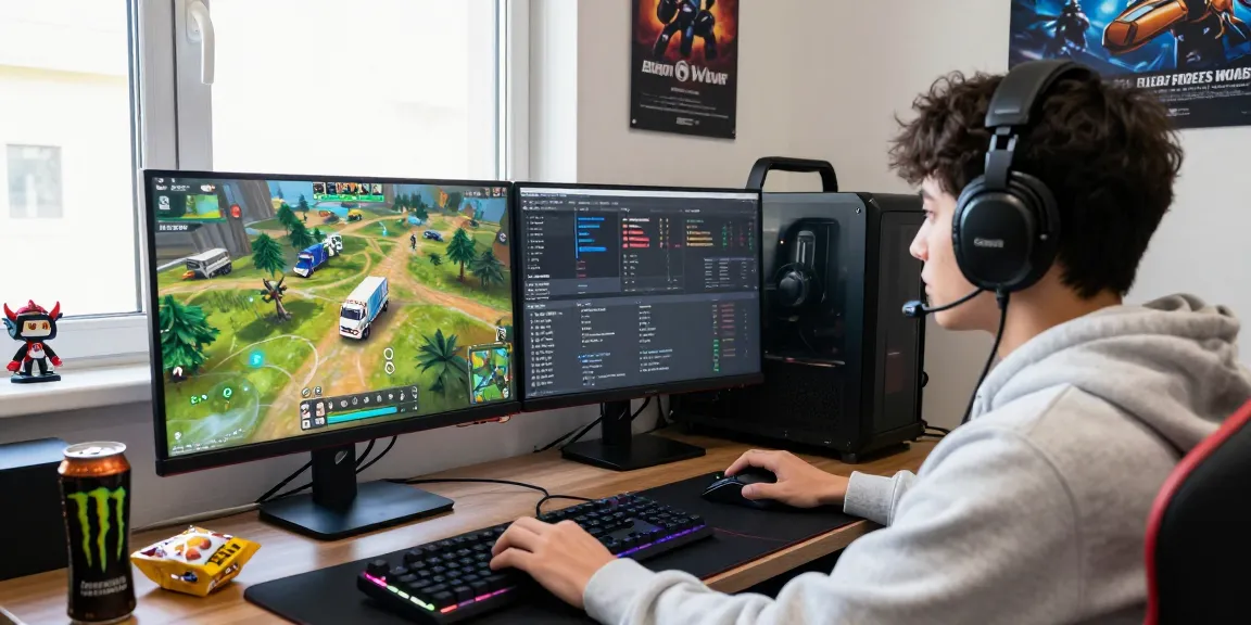 Youth engaged in dollar4d strategy gaming in a bright room, vibrant graphics on dual monitors, gaming setup with RGB keyboard and snacks.