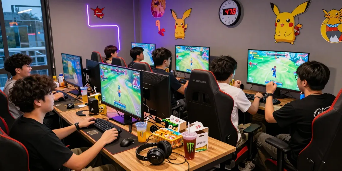 Group of friends enjoying Pokémon gaming night with pokemontoto snacks in a vibrant café setting.